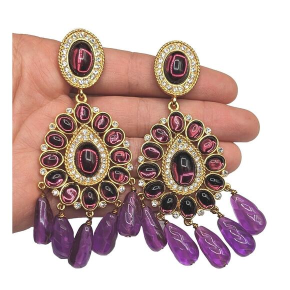 Kenneth Jay Lane KJL Couture Chandelier Statement Runway Purple Gold Earrings - Picture 4 of 9